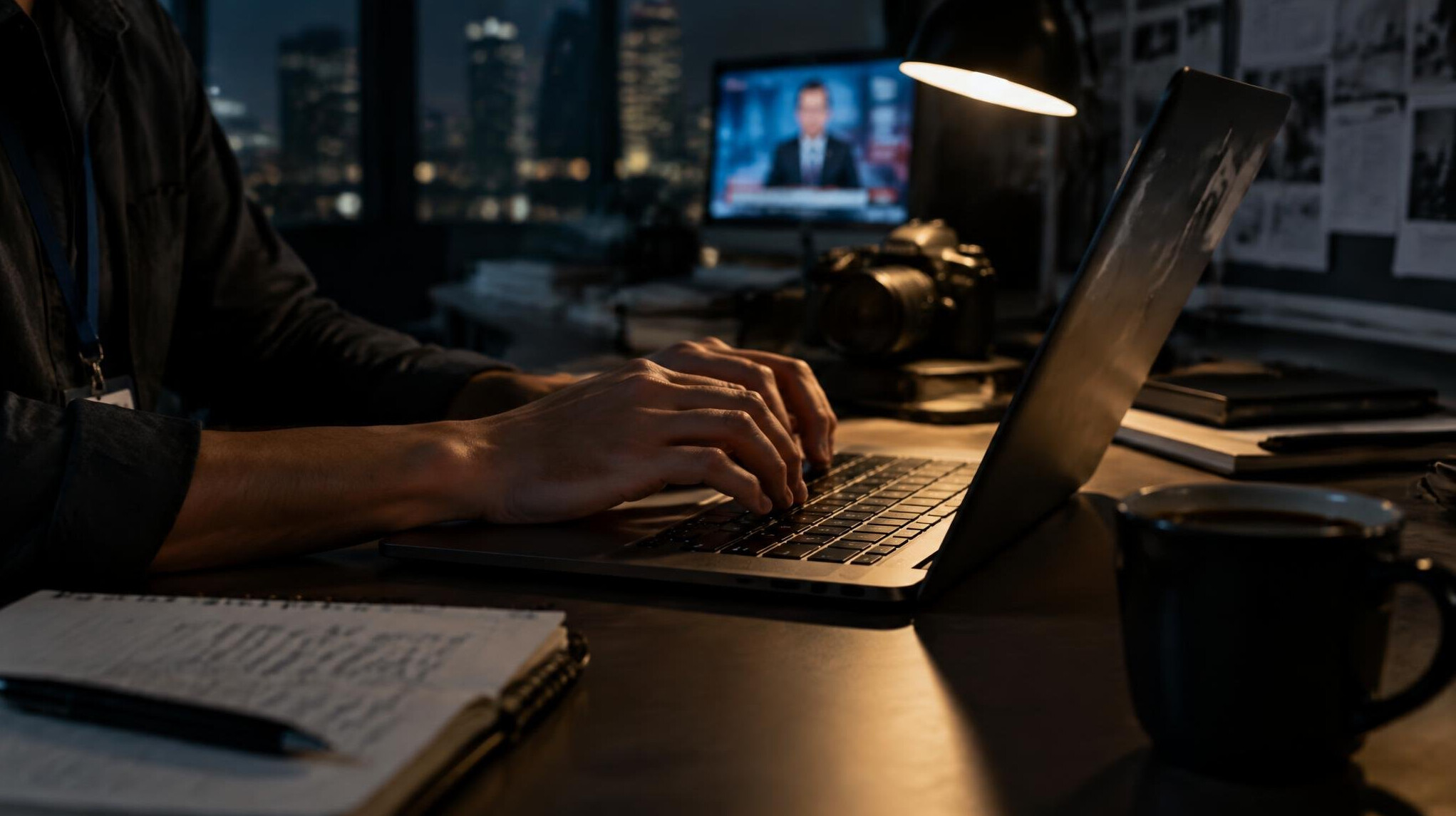 Journalist typing on a laptop in a newsroom at night