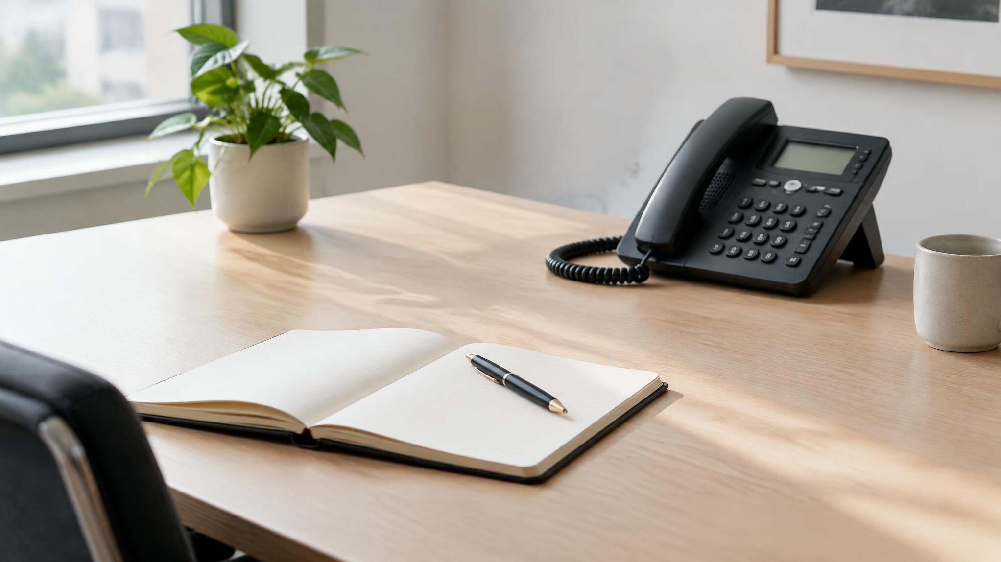 Office desk with a telephone and notebook