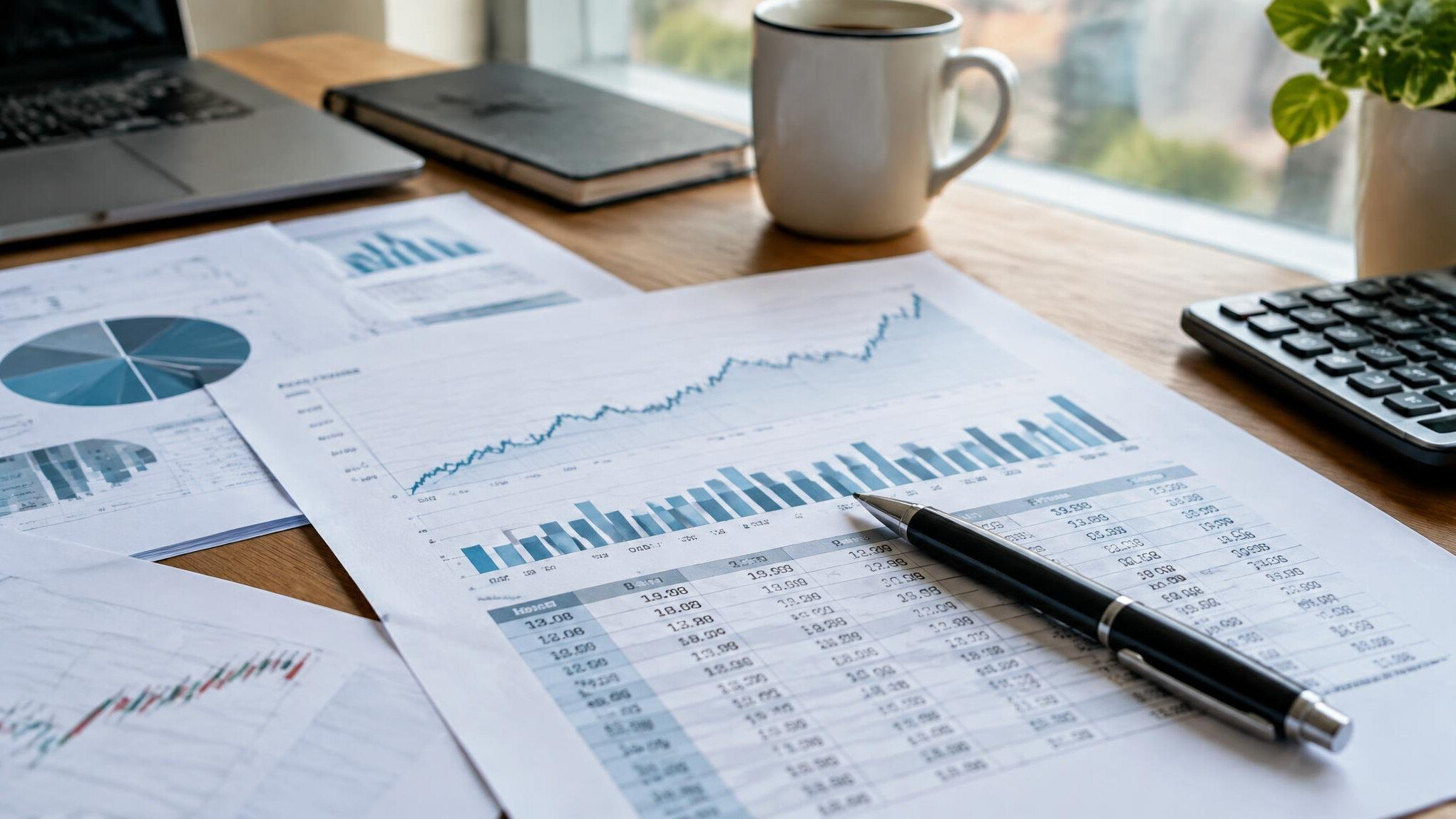 Journalist reviewing printed financial documents on a desk