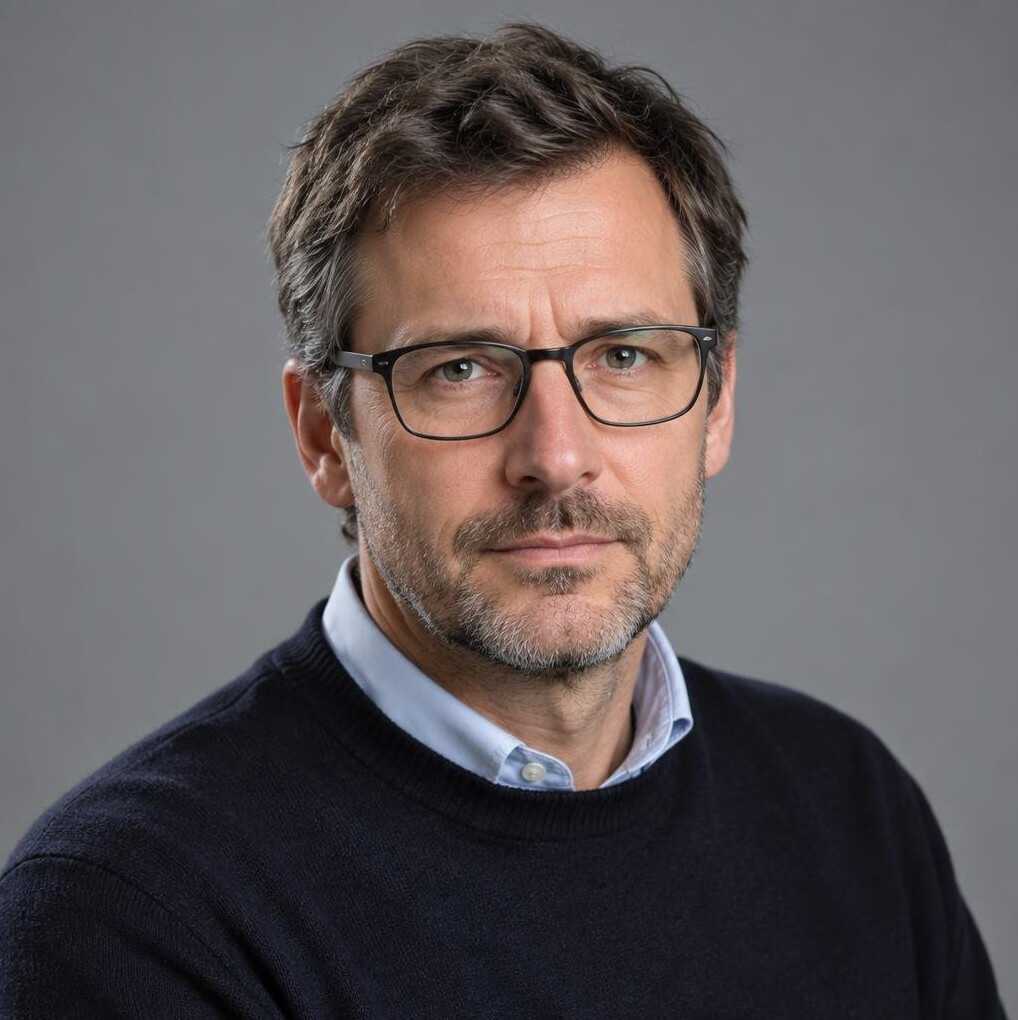 Studio portrait of a Swiss man journalist with glasses